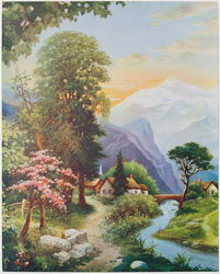 vintage calendar art with cottages, cabins, etc. circa 1930s-1940s